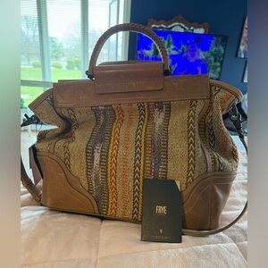 Frye Riviana Tan Woven Multicolor Stripe Leather-Trim Tote- NWT